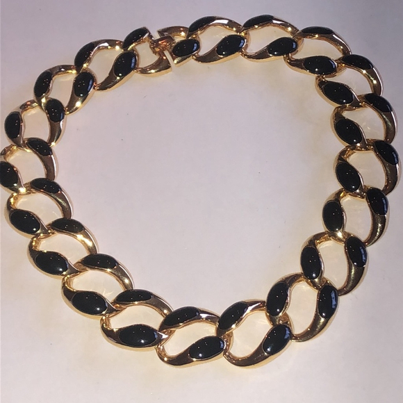 Vintage Gold Tone Black Enamel Chunky Chain Necklace - Picture 2 of 4